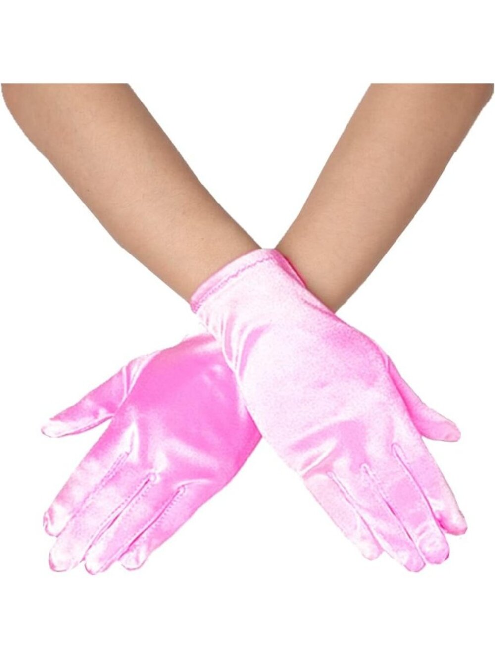 Women Pink Wrist Length Vintage Style 9 Inches Short Satin Mittens Opera Gloves